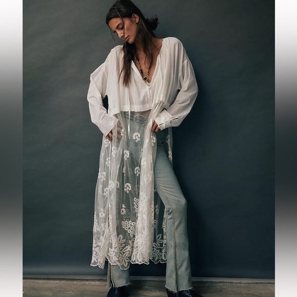 Free People Willow Maxi Top White Sheer Floral Duster | Medium - Picture 1 of 11